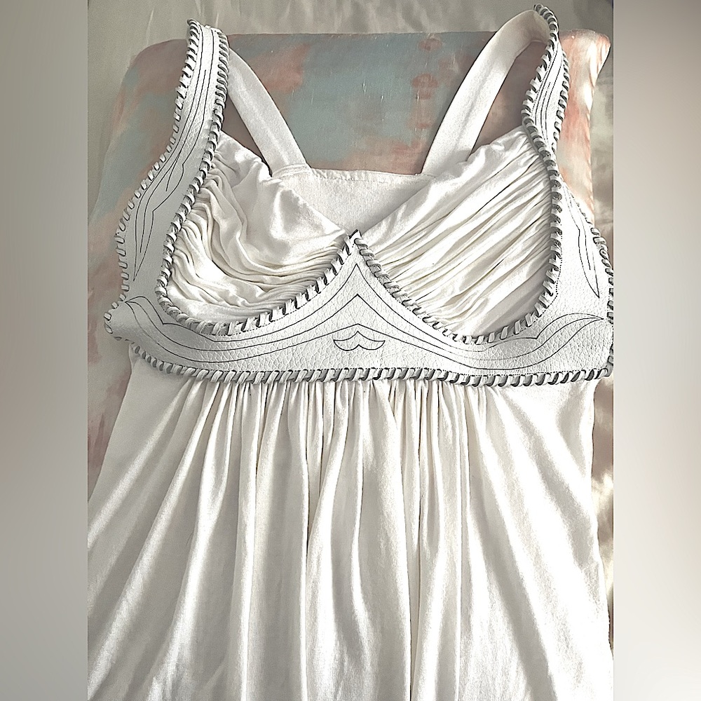 RARE Vintage $270 Sky real leather white/gray underbust flowy tank top M